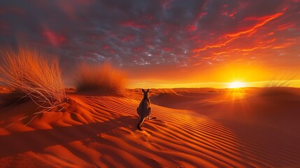 Red sand dunes at sunset in the Australian outback, the sky ablaze with colors, a kangaroo silhouette hopping in the distance --ar 16:9 --stylize 250 --v 6 Job ID: 1443448d-de1b-42ee-91e1-4a6fcd1ba81e