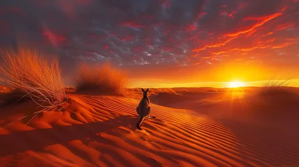 Foto op Plexiglas Red sand dunes at sunset in the Australian outback, the sky ablaze with colors, a kangaroo silhouette hopping in the distance --ar 16:9 --stylize 250 --v 6 Job ID: 1443448d-de1b-42ee-91e1-4a6fcd1ba81e © Thanthara