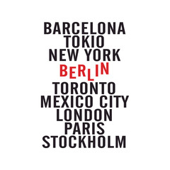 vector written barcelona, ​​tokio, new york, berlin, toronto, mexico city, london, paris, print style. Vector for silkscreen, dtg, dtf, t-shirts, signs, banners, Subimation Jobs or for any application