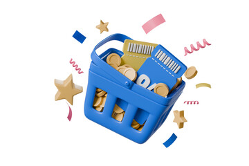 3d minimal cartoon blue coupon voucher ticket with a basket cart and coin inside and falling a basket for online shopping icon. 3d rendering.