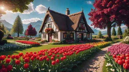 Fototapeten enchanted English collage in tulip field in Europe  © monu