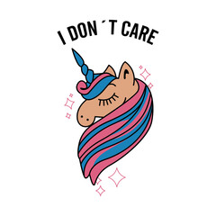 Unicorn vector image with pink and blue mane written I don't care. Vector for silkscreen, dtg, dtf, t-shirts, signs, banners, Subimation Jobs or for any application
