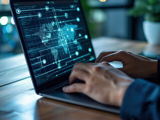 A businessman secures cyber security and data protection with a laptop and internet security system. It encrypts business and financial data, protecting it from cyber-attacks.