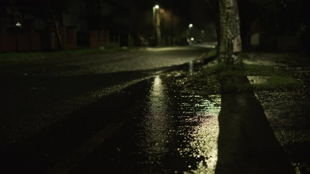 Rain falling at night with street light illuminating puddle on side of road
