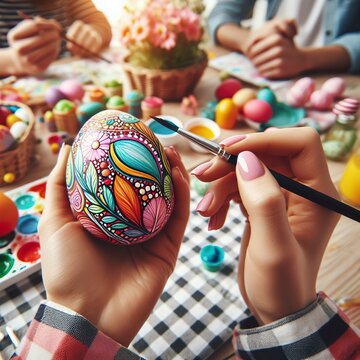 Close-up of a vibrant Easter egg painting party with friends and family gathered around a table Creative and festive Perfect for Easter crafting-themed designs 