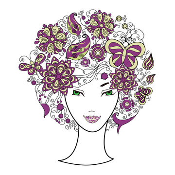 vector image silhouette of woman with black hair formed by flowers and butterflies print style. Vector for silkscreen, dtg, dtf, t-shirts, signs, banners, Subimation Jobs or for any application