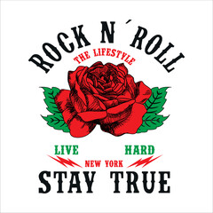 red rose vector image written rock n'roll th lifestyle, live hard, new york, stay true, print style. Vector for silkscreen, dtg, dtf, t-shirts, signs, banners, Subimation Jobs or for any application