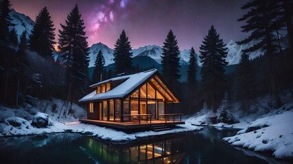 cabin house in the snowy forest night time , Norway 
