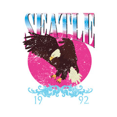 Vector image of hawk landing with Seattle 1992 written, embroidered style. Vector for silkscreen, dtg, dtf, t-shirts, signs, banners, Subimation Jobs or for any application - obrazy, fototapety, plakaty