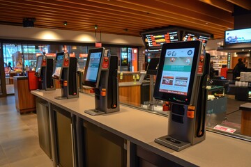 Quick ordering machines on a screen inside a fast food store. - obrazy, fototapety, plakaty