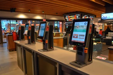 Deurstickers Quick ordering machines on a screen inside a fast food store. © Joaquin Corbalan
