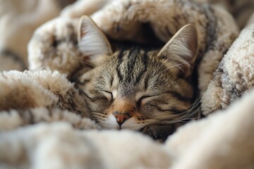 A cat peacefully sleeps on top of a bed, wrapped in a cozy blanket.