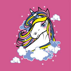 vector image abstract female unicorn with stylized colorful mane, with clouds, embroidery style. Vector for silkscreen, dtg, dtf, t-shirts, signs, banners, Subimation Jobs or for any application