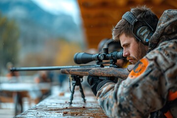 Fototapeta premium Mature American men, fond of shooting rifles at shooting ranges, practice at a rifle association.