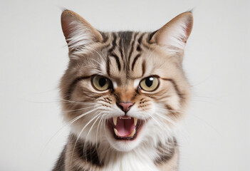 Furious cat with piercing gaze, isolated on a white background for wallpaper, print, or media purposes