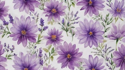 Fototapeta premium Watercolour purple flowers pattern, purple green leaves, white background