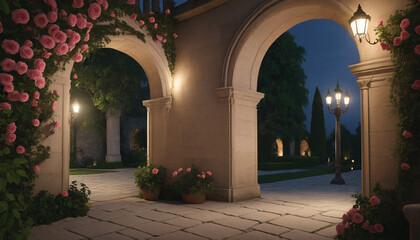 Nighttime beauty in an ancient rose garden setting with a hints of luxury and historic architecture 