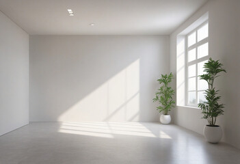 Fototapeta premium Heavenly white living room with modern architectural design and open window view