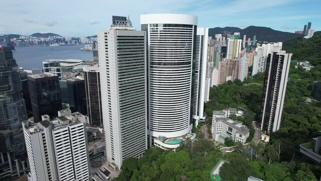 Hong Kong Park and Hong Kong Zoological and Botanical Gardens near Admiralty Central, is a large urban oasis in the bustling HK Island premium commercial and residential concrete forest,Drone Aerial 