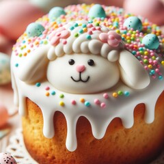 Close-up of a traditional Easter lamb cake decorated with icing and pastel-colored sprinkles Sweet and delightful Perfect for Easter dessert-themed designs 