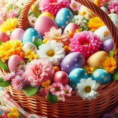 Close-up of a vibrant Easter basket filled with colorful eggs and spring flowers Joyful and festive Perfect for Easter-themed designs 