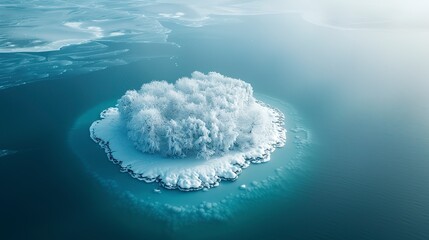 Snow-covered island in a frozen sea, a white oasis in a sea of ice, the solitude of winter captured from above - obrazy, fototapety, plakaty