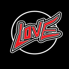 vector image black background with white circle written in red LOVE, print style. Vector for silkscreen, dtg, dtf, t-shirts, signs, banners, Subimation Jobs or for any application