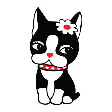 vector image black and white female cat with red collar and flower on head Vector for silkscreen, dtg, dtf, t-shirts, signs, banners, Subimation Jobs or for any application
