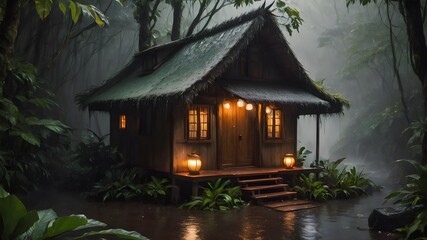 small cabin in the  dark raining woods , enchanted  theme 