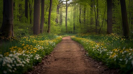 Springtime forest path, wildflowers blooming along the sides, the fresh scent of new growth, the promise of renewal  - obrazy, fototapety, plakaty