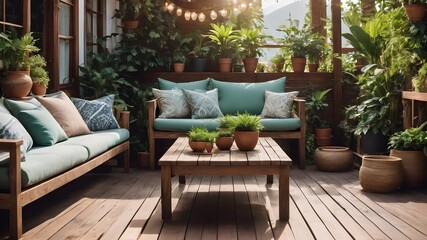 Modern balcony sitting area decorated with green plant. Green lush Indoor plants on the terrace