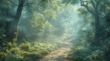 Sun-dappled forest path, early morning mist rising, birds chirping softly, serene and inviting for a tranquil walk  - obrazy, fototapety, plakaty