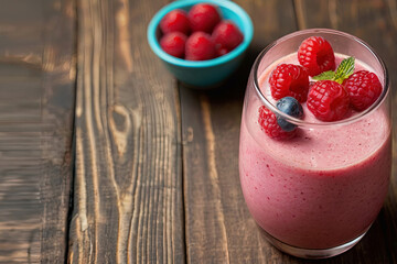 Refreshing raspberry smoothie. Top view in glass on wooden background. Perfect for healthy beverage concepts.