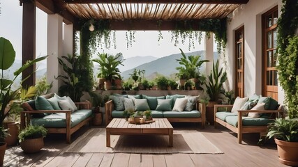 Modern balcony sitting area decorated with green plant. Green lush Indoor plants on the terrace