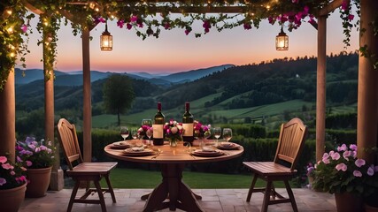 Obraz premium chairs and table on the flower and plant balcony, string lights , beautiful romantic date view 