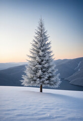 Frosted Christmas tree on plain cold ice and snow landscape