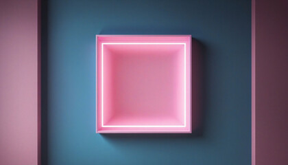 Abstract minimal background, pink blue neon light square frame with copy space, illuminated stormy clouds, glowing geometric shape, copy space