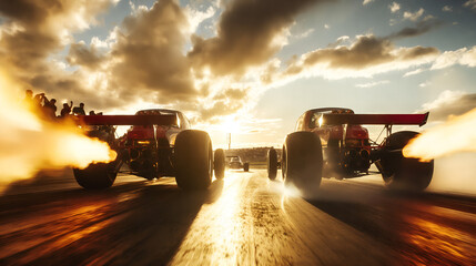 drag strip, formula car, race car, slick tires, speed, performance, motorsport, racing, competition, track, burnout, smoke, power, acceleration, vintage, aerodynamics, rear wing, racing team, pit lane