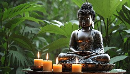 "Buddha Statue with Candles Surrounded by Tranquil Natural Elements"