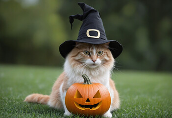 "Frightening feline in cute Halloween disguise with carved pumpkin outdoors"