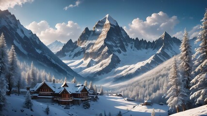 a panoramic view of snowy mountains with snow covered peaks covered with fog and snow in winters