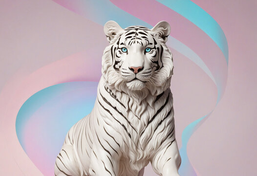 Abstract neon sculpture of a tiger's head on a plinth against a bright background with geometric shapes and iridescent accents - Powered by Adobe