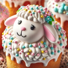 Obraz premium Close-up of a traditional Easter lamb cake decorated with icing and pastel-colored sprinkles Sweet and delightful Perfect for Easter dessert-themed designs 