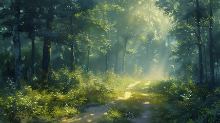Sun-dappled forest path, early morning mist rising, birds chirping softly, serene and inviting for a tranquil walk  - obrazy, fototapety, plakaty
