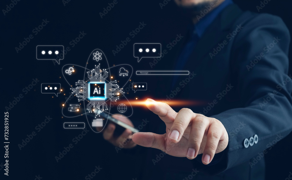 Poster ai technology, businessman show virtual graphic global internet connect chat with ai,artificial inte
