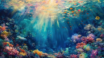 Fototapeta na wymiar Sunlight filtering through the ocean surface, illuminating a vibrant coral reef bustling with colorful marine life 