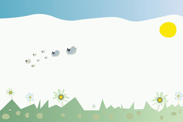 Cartoon flat illustration of funny birds in the field with a sun and flowers in the background.