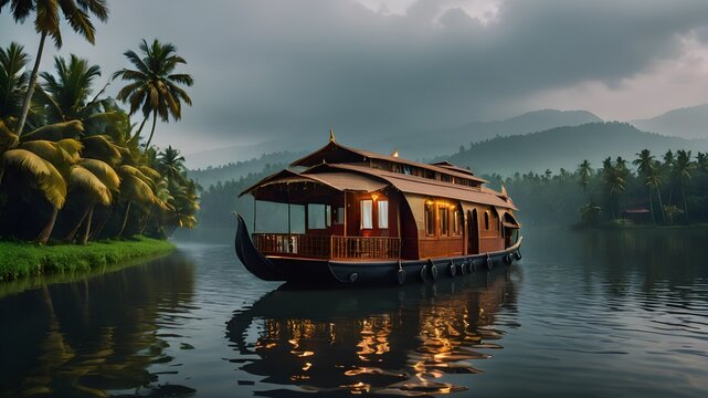 boat house  on the river in tropical Kerala 