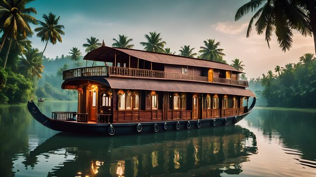 boat house  on the river in tropical Kerala 