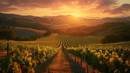 Sunset over a vineyard, rows of grapevines glowing in the warm light, a picturesque scene of agricultural beauty 